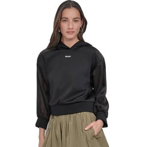 Black DKNY hoodie featuring sheer long sleeves and a relaxed fit, paired with an olive green skirt.