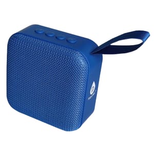 A blue, square portable wireless speaker with a fabric front, three buttons on top, and a carrying strap on the side. The speaker features a logo on its side.