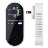 A digital carbon monoxide alarm with temperature and humidity display, featuring power, fault, and alarm indicators, as well as a self-test button. It's designed for wall plug-in installation.