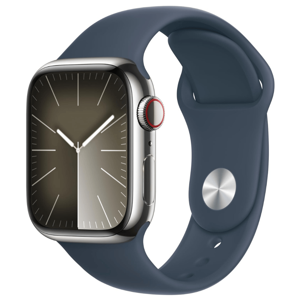A smartwatch with a sleek, rectangular case and a digital display, featuring a dark band and a metal clasp.