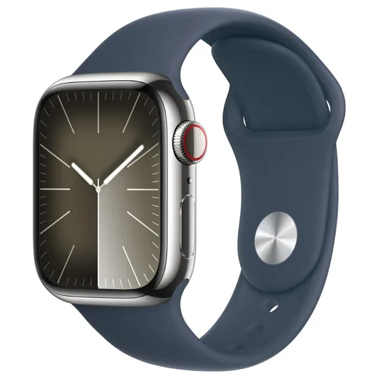 A smartwatch with a sleek, rectangular case and a digital display, featuring a dark band and a metal clasp.