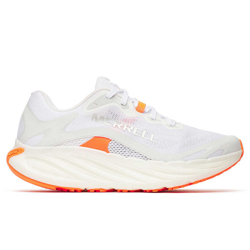 White athletic shoe with orange accents and a chunky, cushioned sole, featuring the Merrell logo on the side.