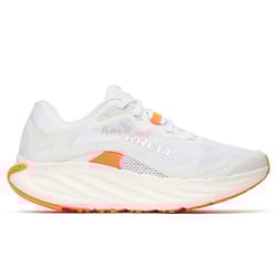 White athletic shoe with orange accents and a chunky, cushioned sole, featuring the Merrell logo on the side.