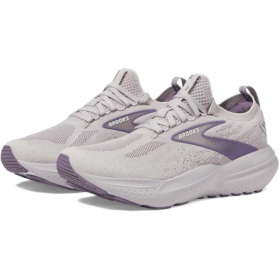 Pair of Brooks running shoes in light gray with purple accents, featuring a breathable mesh upper, cushioned sole, and lace-up design.