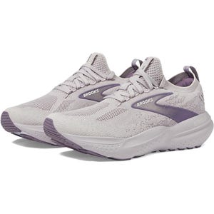 Pair of Brooks running shoes in light gray with purple accents, featuring a breathable mesh upper, cushioned sole, and lace-up design.