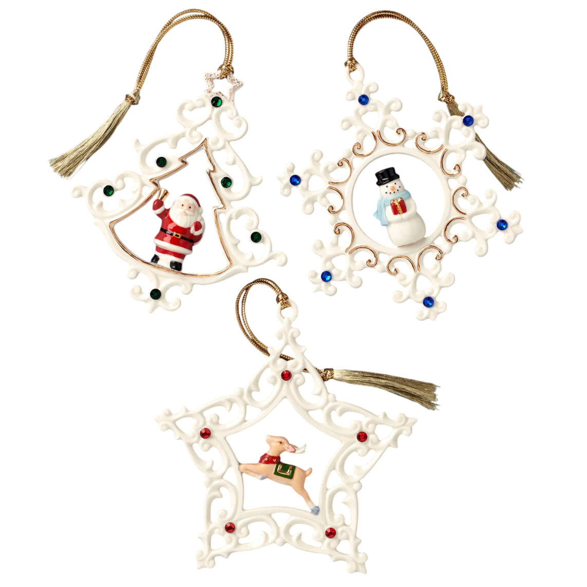 Three Christmas ornaments featuring a Santa, a snowman, and a reindeer inside intricate white designs with green, blue, and red accents, each with a gold tassel string.