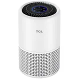 TCL air purifier with a cylindrical design, featuring a black top grille and control panel, and a white body with a perforated lower section for air intake.