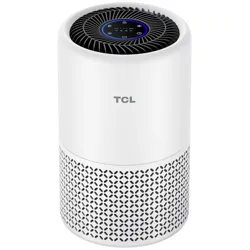 TCL air purifier with a cylindrical design, featuring a black top grille and control panel, and a white body with a perforated lower section for air intake.