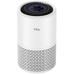 TCL air purifier with a cylindrical design, featuring a black top grille and control panel, and a white body with a perforated lower section for air intake.