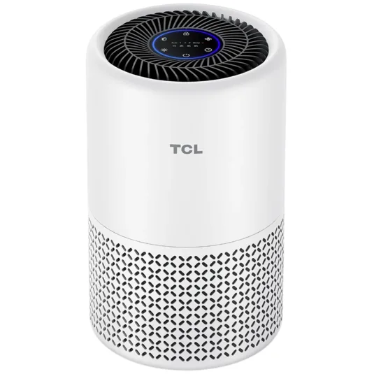 TCL air purifier with a cylindrical design, featuring a black top grille and control panel, and a white body with a perforated lower section for air intake.