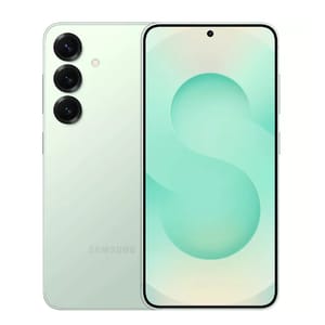 Samsung Galaxy S25 in a light green color with three rear cameras and a front display featuring an \“S\“ design.