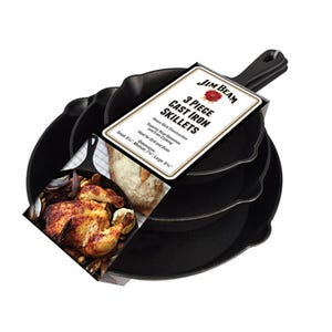 Jim Beam 3-Piece Cast Iron Skillet Set, includes skillets measuring 6\“, 8\“, and 10\“ in diameter, suitable for versatile cooking needs.