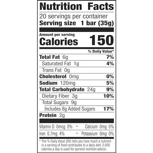 Nutrition facts for a single bar with a serving size of 35g: 150 calories, 6g total fat, 120mg sodium, 24g carbohydrates, 9g total sugars (8g added sugars), 2g protein. Contains 10% daily value of carbohydrates and 17% added sugars.