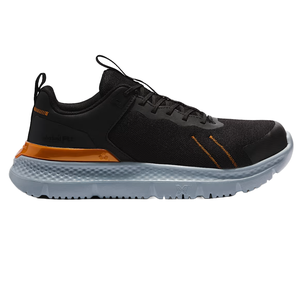 Timberland Comp-Toe Work Sneakers feature a black mesh upper with orange accents, a grey slip-resistant sole, and a composite safety toe. Designed for durability and protection in work environments.