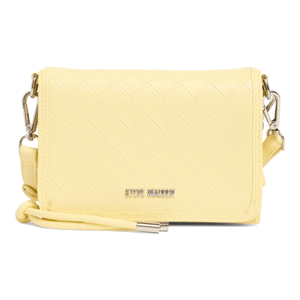 Steve Madden Siena Embossed Crossbody Bag in pale yellow features a quilted pattern, detachable straps with clips, and metallic branding on the front.
