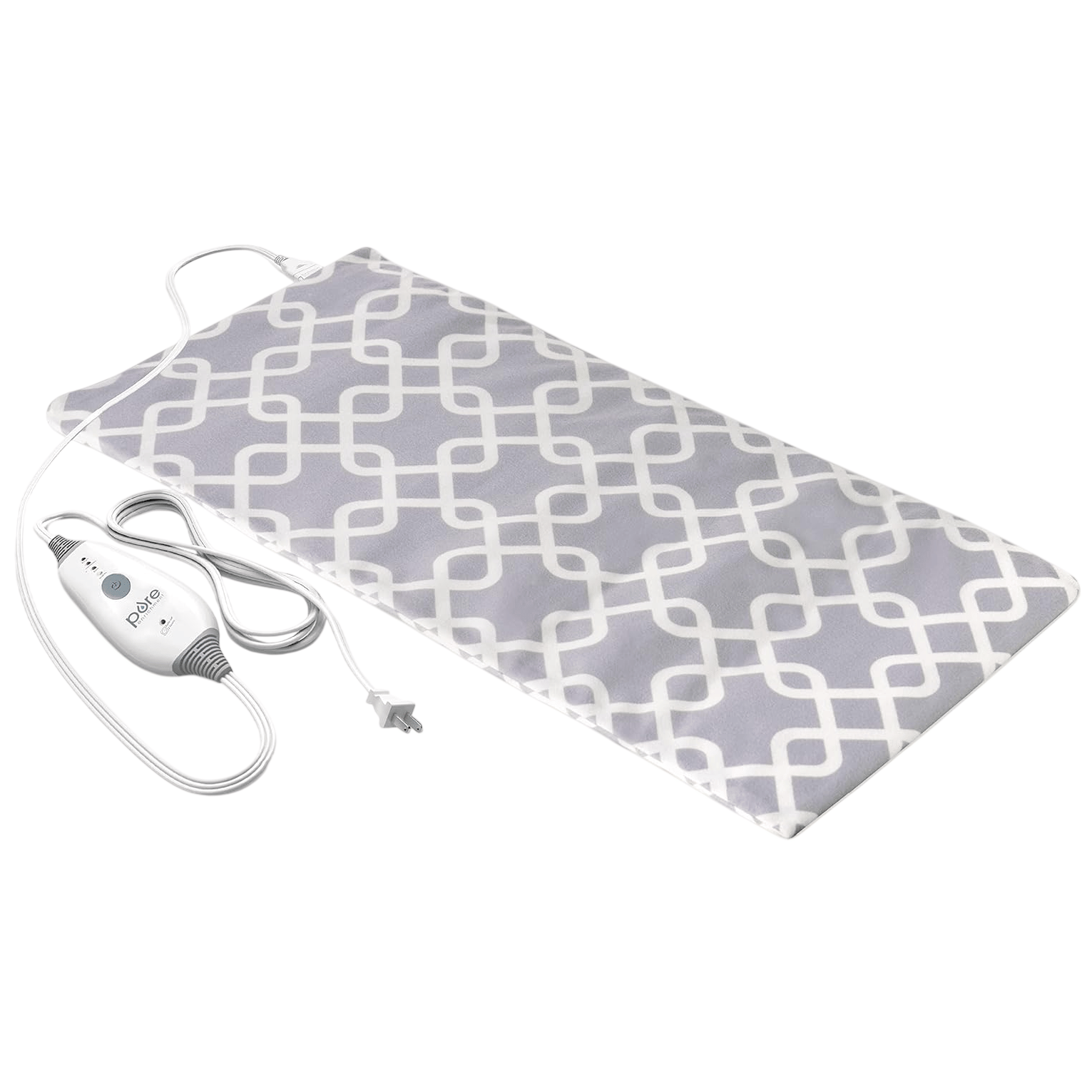 Gray and white patterned electric heating pad with a power cord and controller for adjustable heat settings.