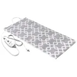 Gray and white patterned electric heating pad with a power cord and controller for adjustable heat settings.