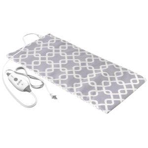 Gray and white patterned electric heating pad with a power cord and controller for adjustable heat settings.