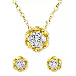 A gold necklace and earring set featuring intertwined loops with round clear gemstones at the center of each piece.