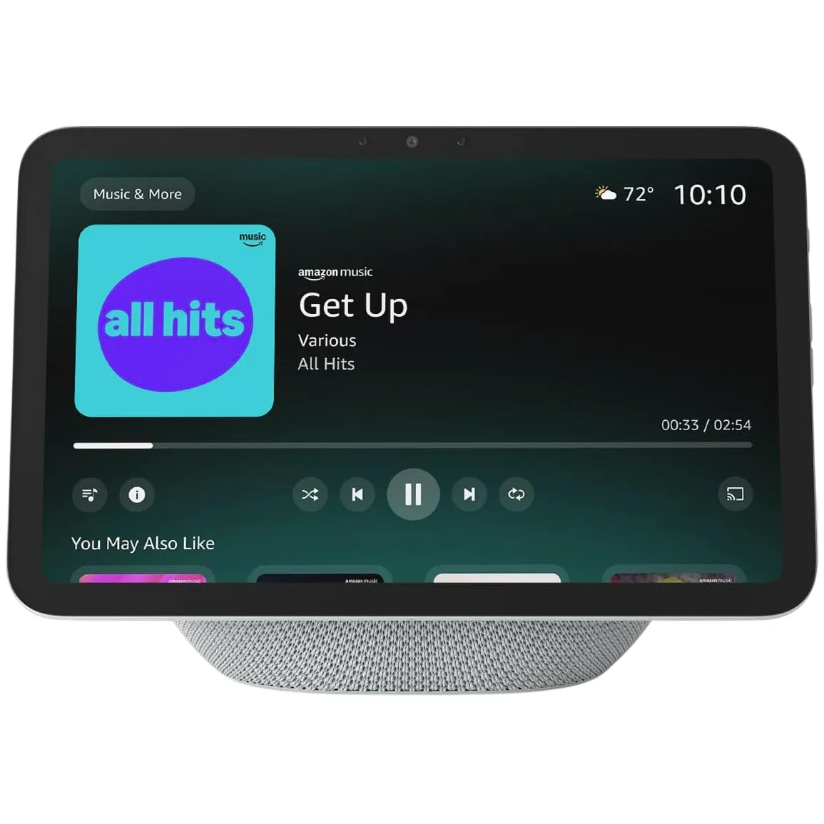 A smart display with integrated Amazon Music, showing the track \“Get Up\“ from the \“All Hits\“ playlist. The device features a speaker base, weather info, and media controls on the screen.
