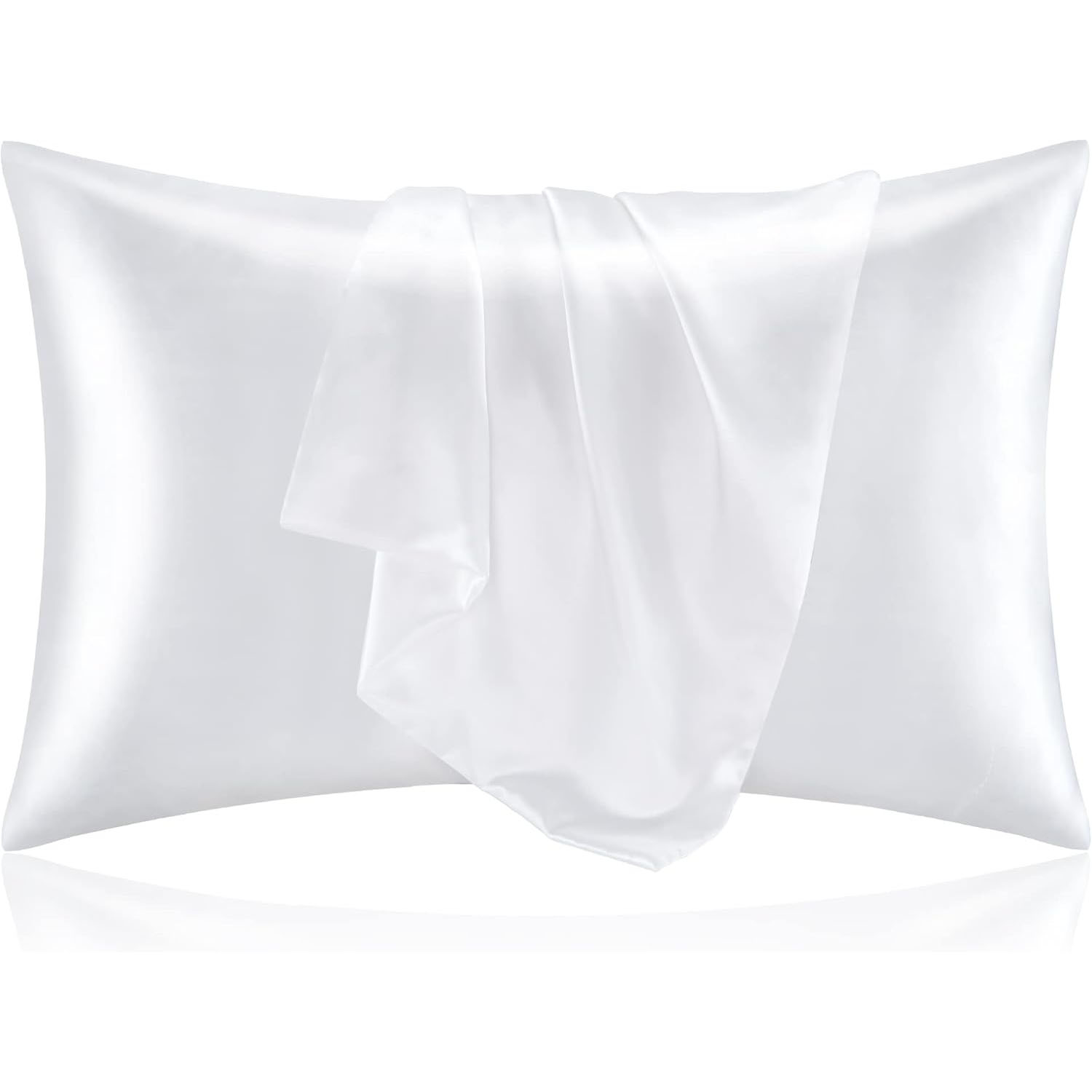 2pk Bedelite Satin Pillowcases in a smooth, glossy white finish, designed to reduce hair friction and skin creases. Includes two standard-size cases enhancing sleep comfort and luxury.