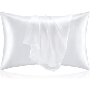 2pk Bedelite Satin Pillowcases in a smooth, glossy white finish, designed to reduce hair friction and skin creases. Includes two standard-size cases enhancing sleep comfort and luxury.