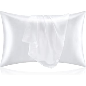 2pk Bedelite Satin Pillowcases in a smooth, glossy white finish, designed to reduce hair friction and skin creases. Includes two standard-size cases enhancing sleep comfort and luxury.