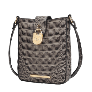 Gray faux crocodile leather crossbody bag with a gold-toned M emblem and label, featuring a structured design and adjustable strap.