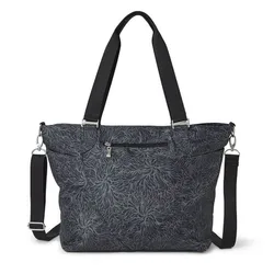 A dark gray tote bag with a floral pattern, featuring two straps and a detachable shoulder strap. It has a zippered front pocket and metal hardware.