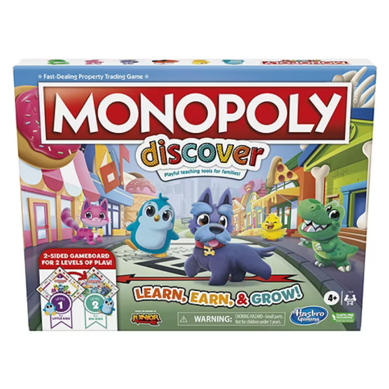 Monopoly Discover board game designed for families with playful teaching elements, featuring a 2-sided gameboard for two levels of play. Suitable for ages 4 and up.