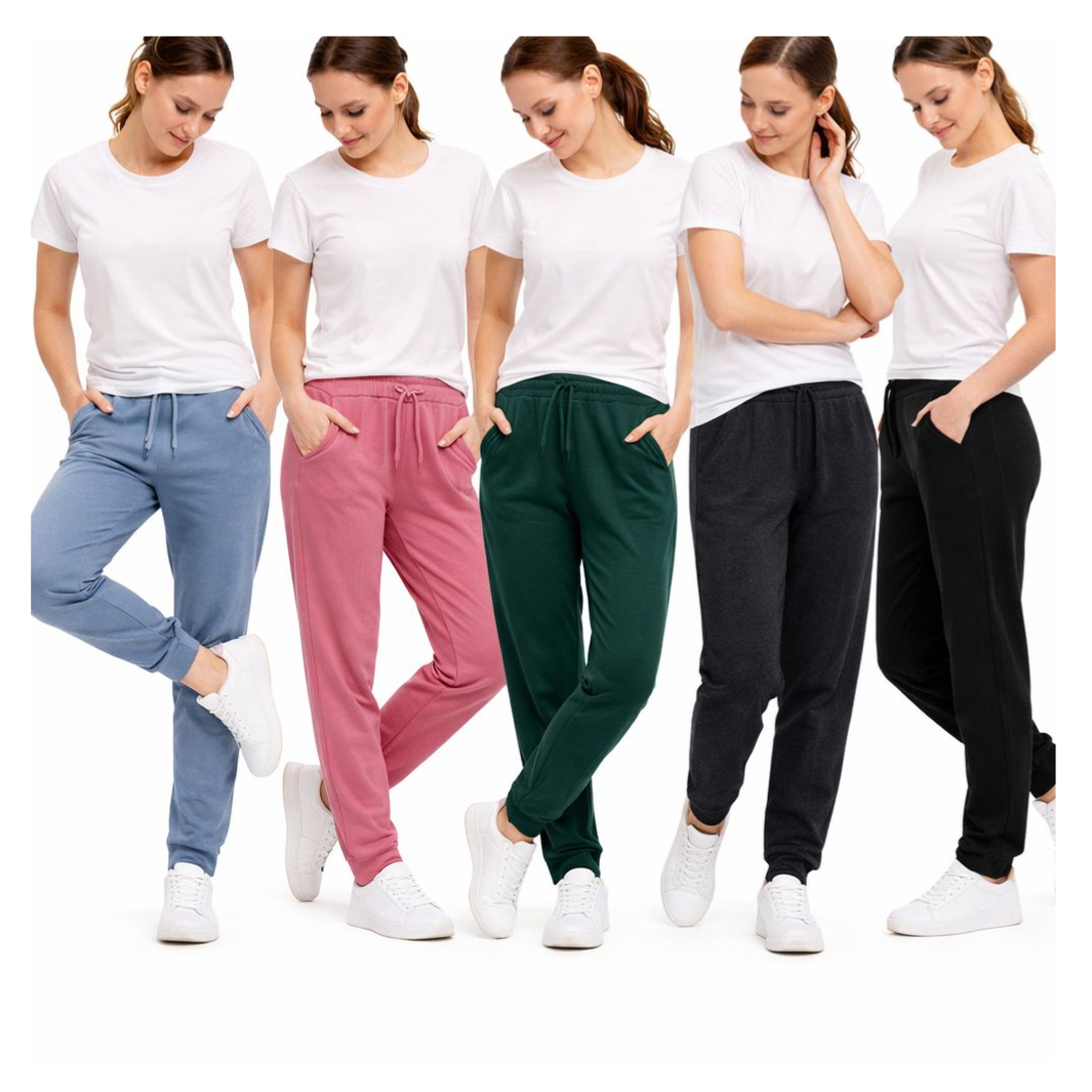 Five women wearing joggers in blue, pink, green, charcoal, and black, paired with white T-shirts and sneakers.