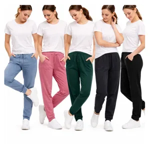 Five women wearing joggers in blue, pink, green, charcoal, and black, paired with white T-shirts and sneakers.