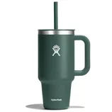 A green Hydro Flask mug with a handle and a straw, featuring a stainless steel lid and the brand's logo on the front.