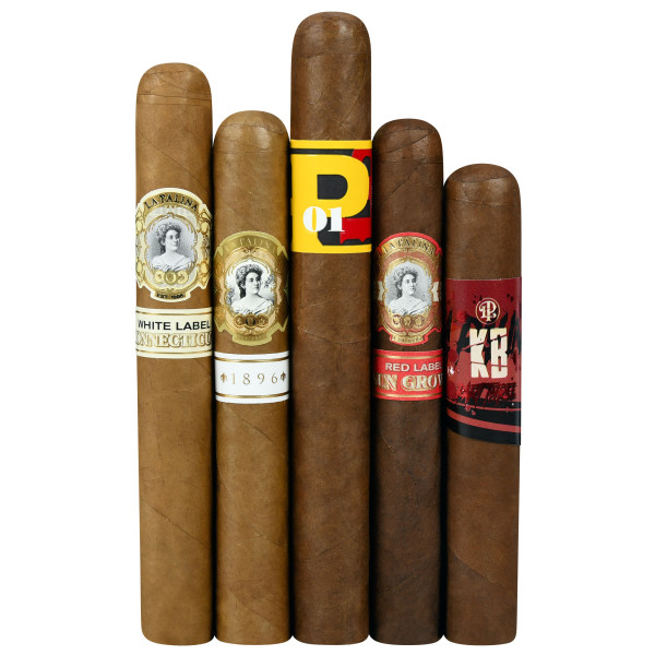 A variety of cigars with different labels displayed, including \“La Palina White Label Connecticut,\“ \“La Palina 1896,\“ a yellow-labeled \“P 01,\“ \“La Palina Red Label,\“ and one with a \“RP KKC\“ design.