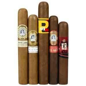 A variety of cigars with different labels displayed, including \“La Palina White Label Connecticut,\“ \“La Palina 1896,\“ a yellow-labeled \“P 01,\“ \“La Palina Red Label,\“ and one with a \“RP KKC\“ design.