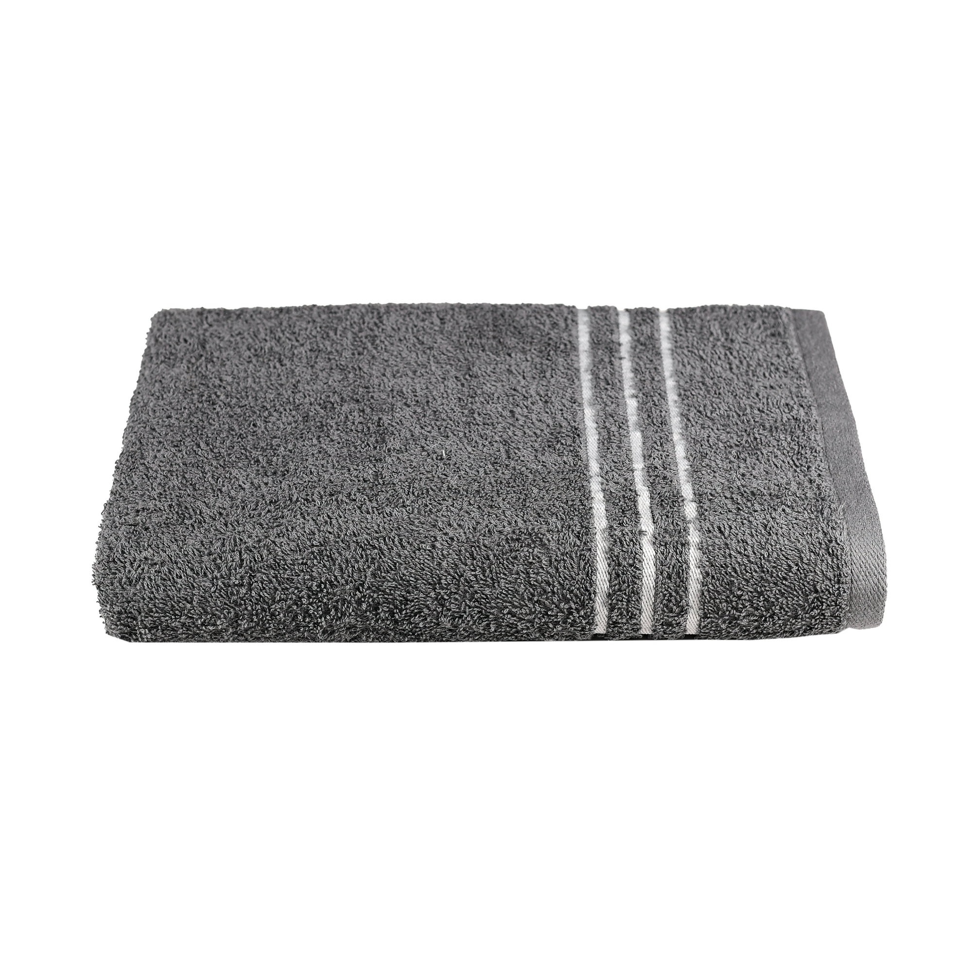 A gray bath towel with three white stripes near one edge, made of absorbent fabric, and neatly folded.