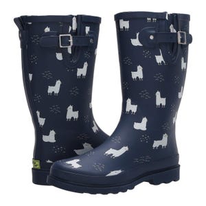 Navy blue Western Chief rain boots featuring a playful white llama pattern and adjustable side buckle straps for fit.