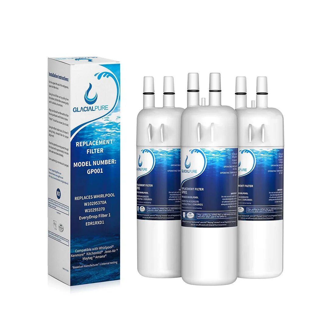 GlacialPure GP001 replacement water filters compatible with Whirlpool, Kenmore, KitchenAid, Jenn-Air, Maytag, and Amana. Model replaces W10295370A, W10295370, and EveryDrop Filter 1 EDR1RXD1. Pack includes four filters.