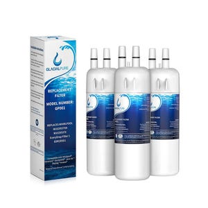 GlacialPure GP001 replacement water filters compatible with Whirlpool, Kenmore, KitchenAid, Jenn-Air, Maytag, and Amana. Model replaces W10295370A, W10295370, and EveryDrop Filter 1 EDR1RXD1. Pack includes four filters.