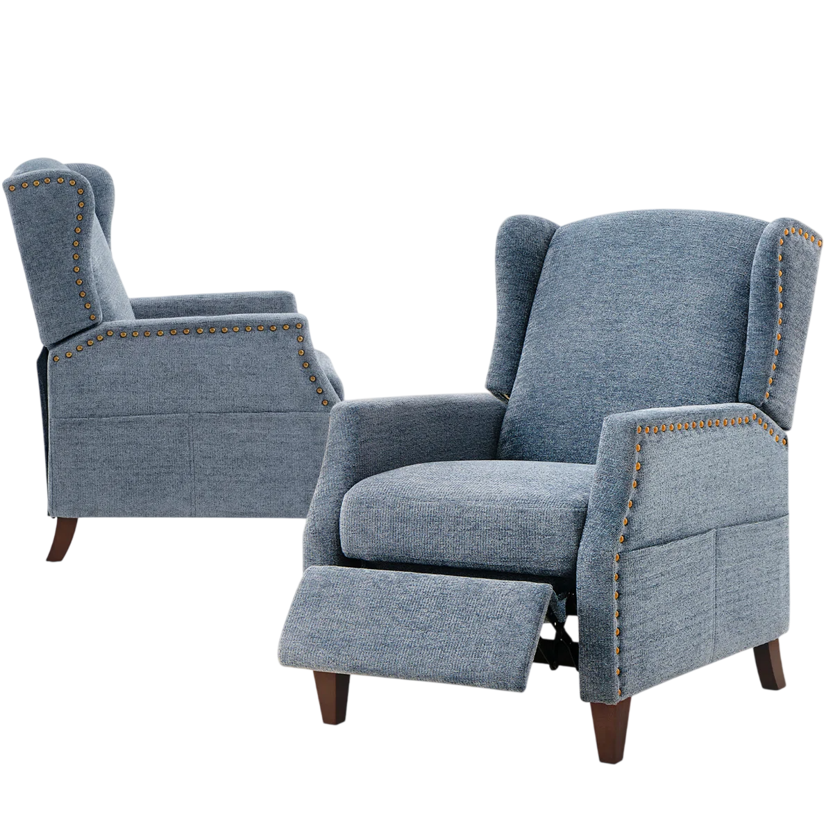 Two blue fabric recliners with wingback design, nailhead trim, and wooden legs. One chair is shown with the footrest extended.