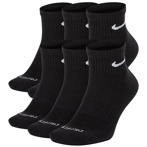 A six-pack of black ankle socks with a white swoosh logo and \“DRY FIT\“ text on the toe area.