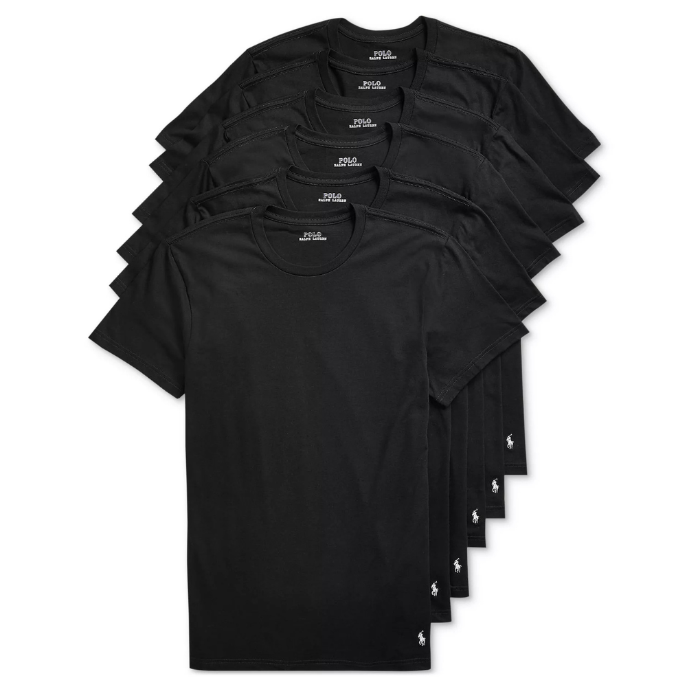 A pack of five black crew neck T-shirts with a small white logo at the bottom, each labeled \“Polo Ralph Lauren\“ on the inside collar.