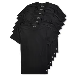 A pack of five black crew neck T-shirts with a small white logo at the bottom, each labeled \“Polo Ralph Lauren\“ on the inside collar.