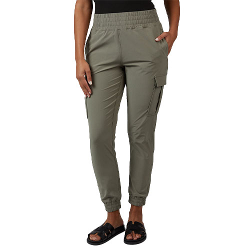 Olive green cargo joggers with an elastic waistband and cuffs, featuring side pockets. Paired with black slide sandals.