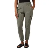 Olive green cargo joggers with an elastic waistband and cuffs, featuring side pockets. Paired with black slide sandals.