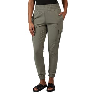Olive green cargo joggers with an elastic waistband and cuffs, featuring side pockets. Paired with black slide sandals.