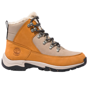 Timberland Mt. Maddsen Winter Boots are tan and beige with a high-top design, featuring metal eyelets, black and white laces, a durable rubber sole, and a cozy faux fur lining, ideal for cold weather.