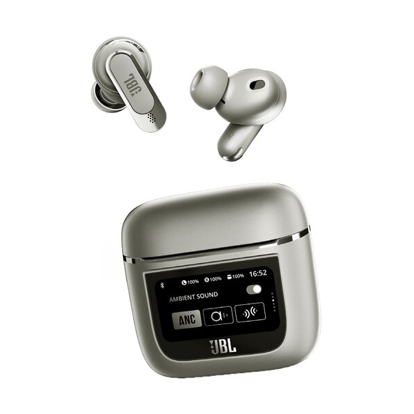 Wireless earbuds with a charging case featuring an LCD touchscreen display, branded with JBL.