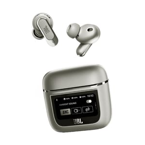 Wireless earbuds with a charging case featuring an LCD touchscreen display, branded with JBL.