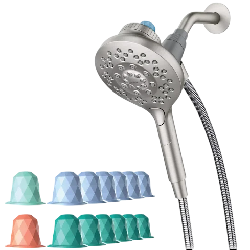 A showerhead with multiple spray settings is displayed alongside color-coded shower capsules, which may be used for fragrance or cleaning purposes.
